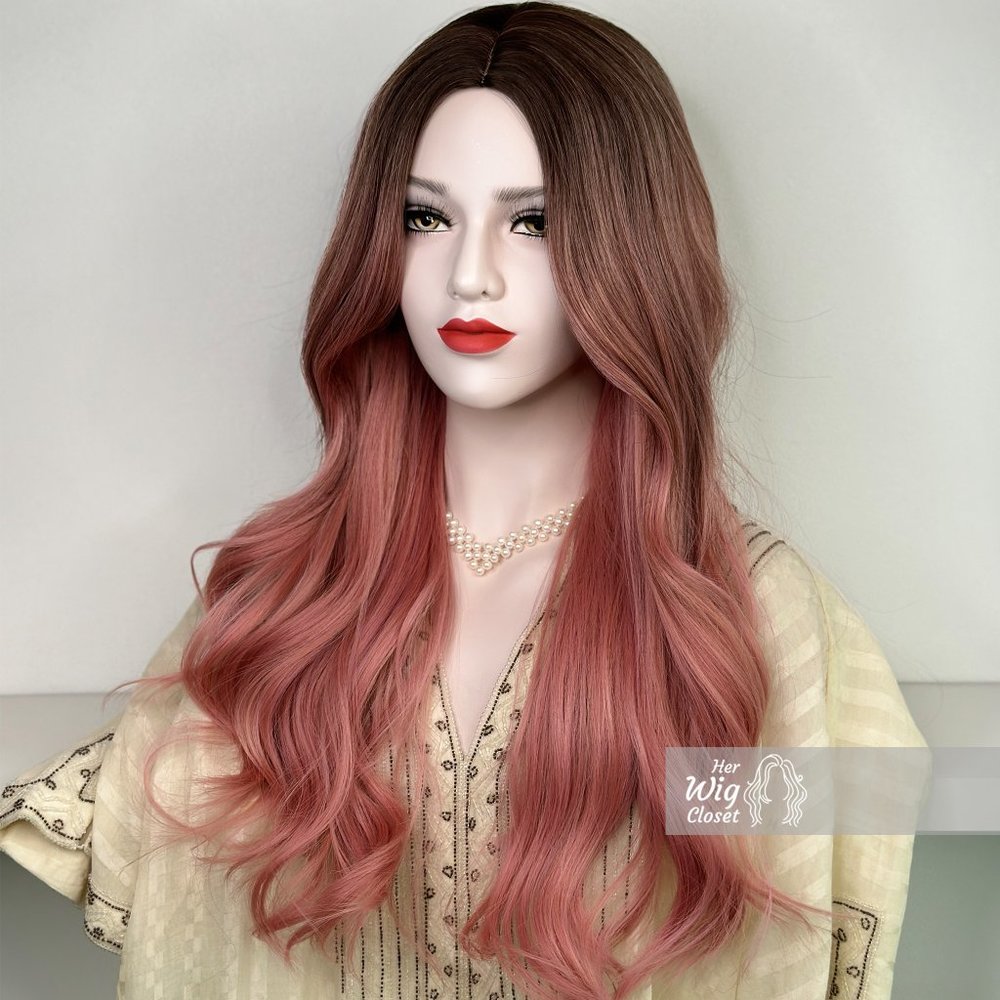 Sakura Pink Hair Ombre Pastel Pink Wig Dark Roots Wavy Wig | Anaella - Picture 3 of 8